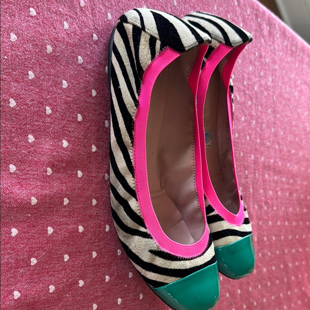 Pretty Ballerinas Zebra Print Women's Shoes with Green and Pink Accents - Picture 2 of 4